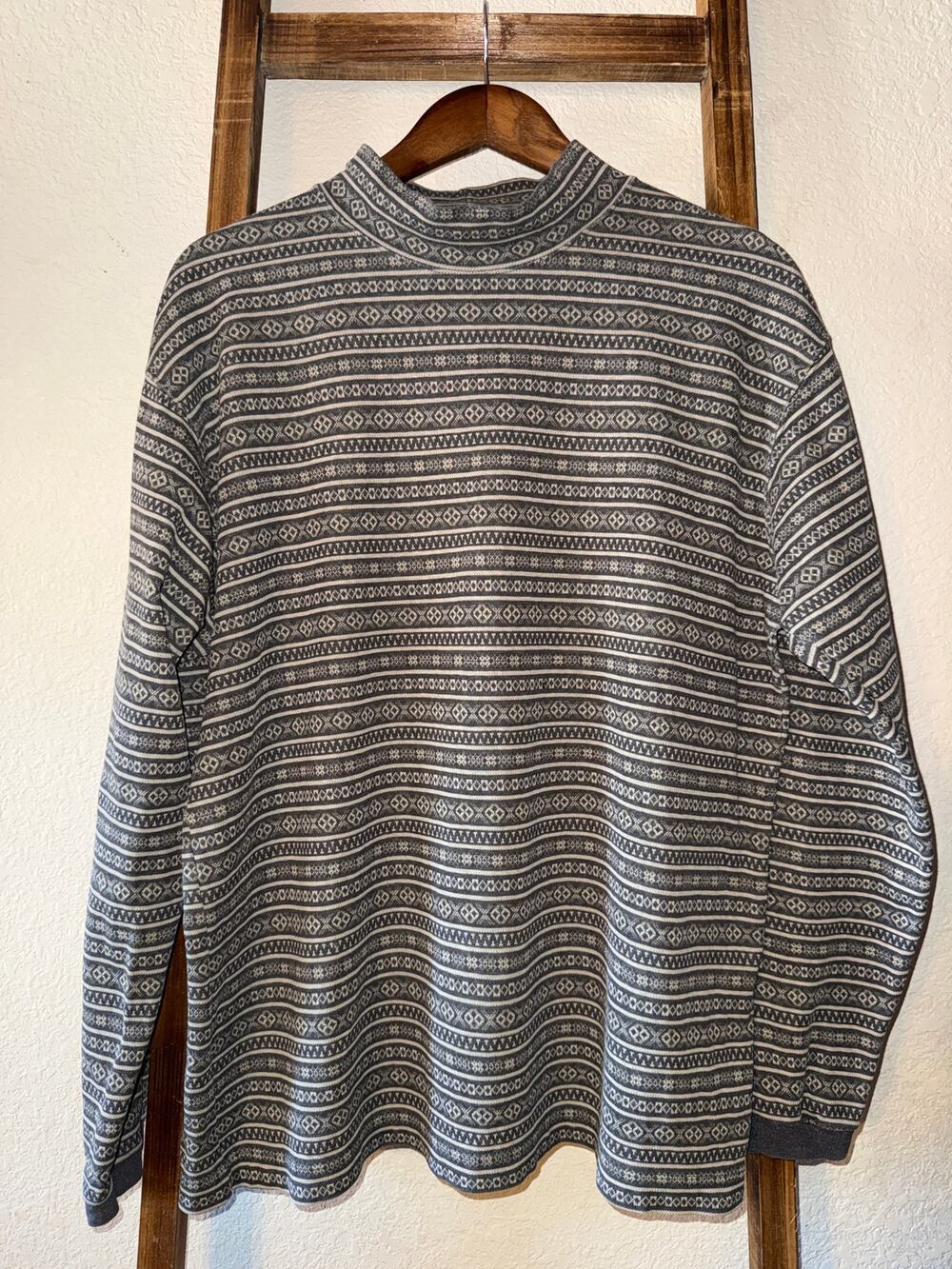 L.L. Bean Gray Fair Isle Mock Neck Long Sleeve Knit  XL USA Vintage 100% Cotton